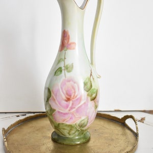 Vintage Hand Painted Decorative Porcelain Pitcher, Pink Roses, Signed M. VBRADA   (PG175)