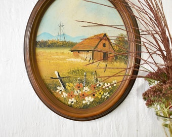 Vintage Original Oval gerahmtes Acrylgemälde, Scheune in einem Blumenfeld, Herbststimmung (P71)