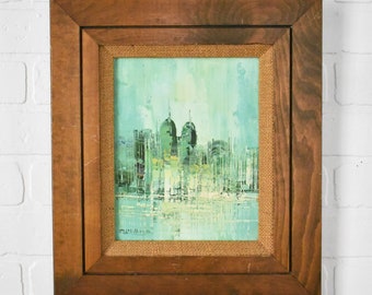 Vintage Mid Century Cityscape Framed Oil Painting, Buildings by a River, Blues and Greens  (P56)