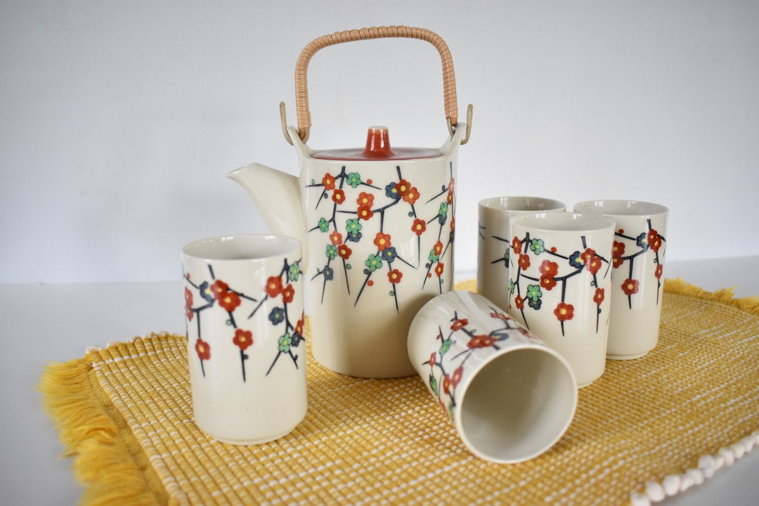 Vintage White Ceramic Saki Set, Honey China, Cherry Blossoms, Six/6 Piece Set KD76 Etsy France