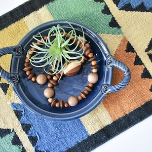Vintage Round Handmade Tray, Blue Pottery with Handles, Trinket Dish, Jewelry Holder (PG159)