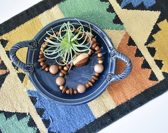 Vintage Round Handmade Tray, Blue Pottery with Handles, Trinket Dish, Jewelry Holder (PG159)