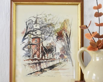 Vintage John Haymson Framed Watercolor Lithograph Print, Burton Parish Church Williamsburg  (WAD84)