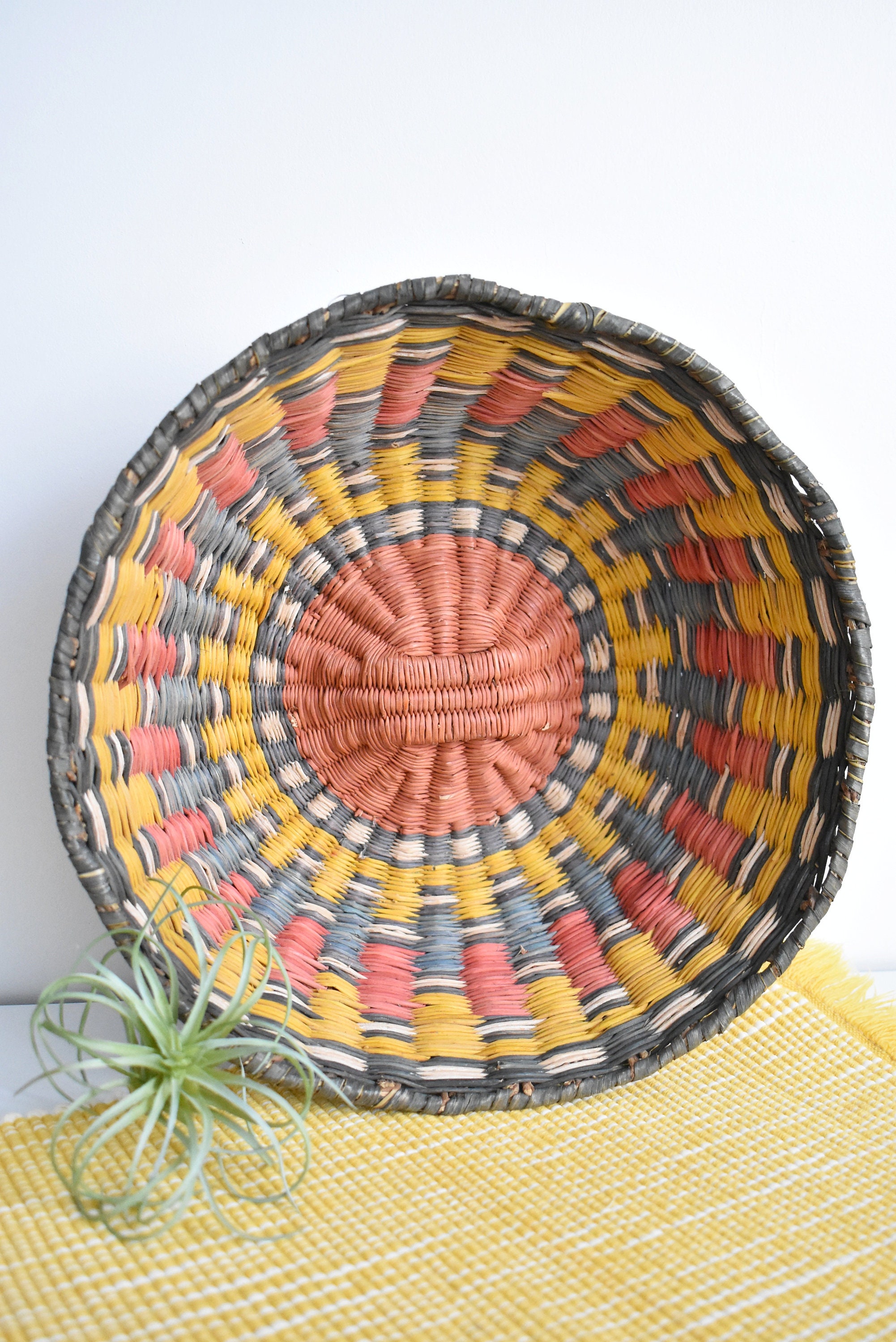 Vintage Handmade Woven Wicker Hopi Peach Basket Bowl, Colorful Pink Red Green Blue Yellow, Native American  (BAS84)