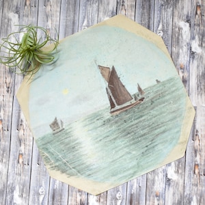 Original Antique Sailboat Painting on Pastel Paper, Unframed Seascape Painting by Eva Dreitzler 1899 (P54)