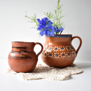 May include: Two terracotta pottery jugs with handles, one with a brown and black striped design and the other with a white and blue dotted design, holding a bouquet of blue flowers.