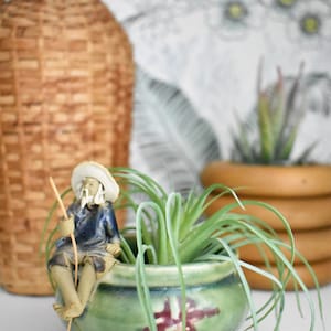 Vintage Asian Mudman Fisherman Pottery, Small Green Ceramic Planter, Asian Pottery  (PG171)