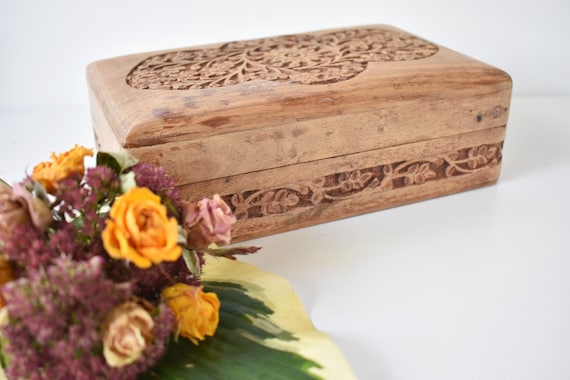 Vintage Carved Wood Trinket Jewelry Box, Floral P… - image 1