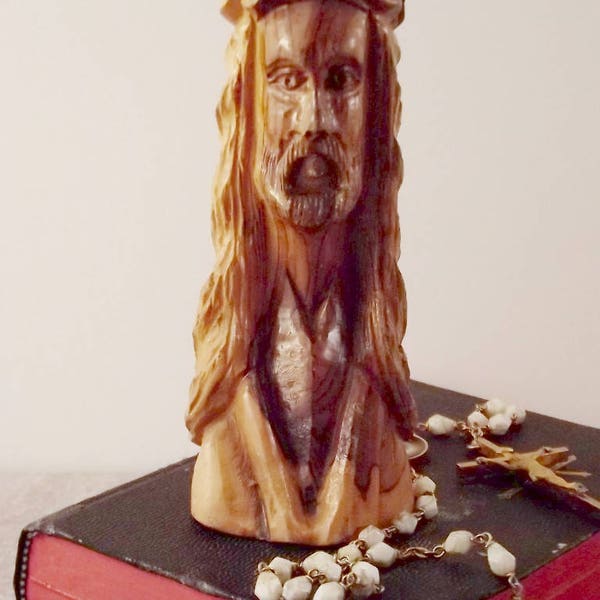 Vintage Carved Wood Jesus/Crown of Throns/ Jesus Bust Statue/ Art Sculpture/ Religious Art