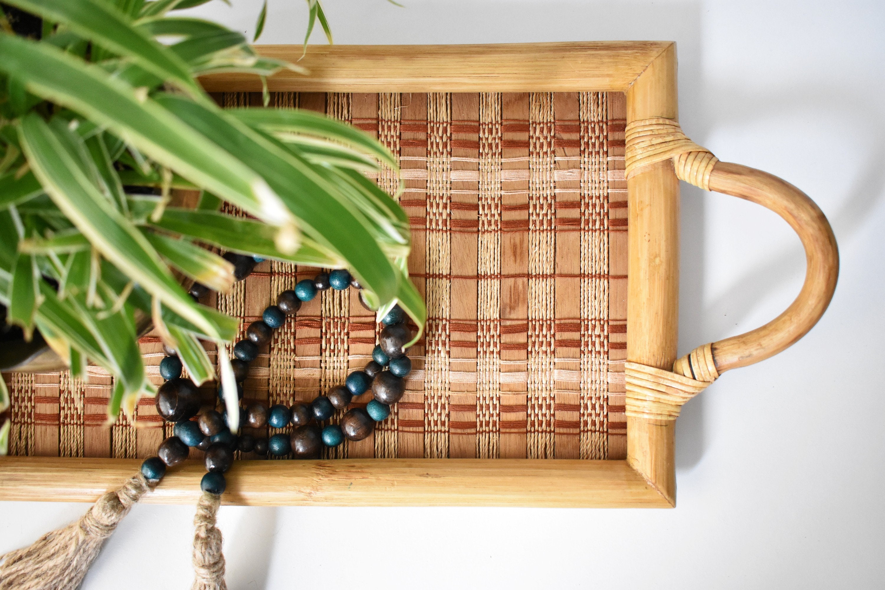 Vintage Bambus Tablett mit Griffen Bambus Woven Lined