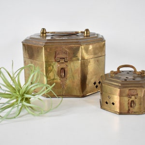 Vintage Brass Cricket Octagon Boxes, Set of Two, Brass, Gold Trinket/Jewelry Boxes, Brass Incense Burners  (BR126)