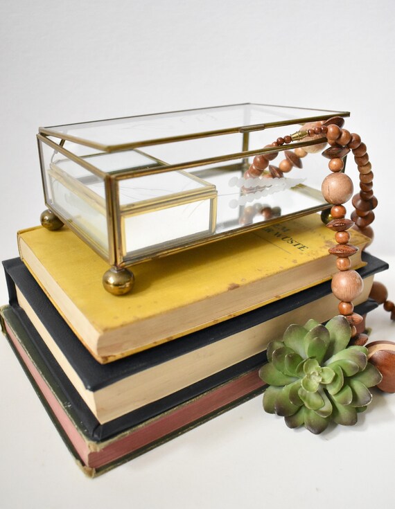 Stained Glass Jewelry Box -Humming Bird (153bc12) - Mission  Vintage Wooden Jewelry Box with Etched Glass Bird ! main image 2