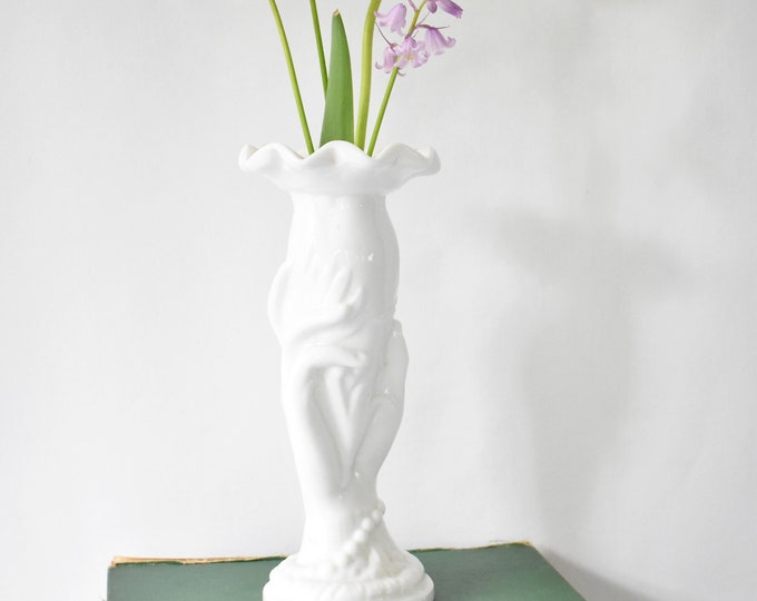 Vintage Milk Glass Hand Vase, White Fluted Vase, Art Deco PG184 Etsy