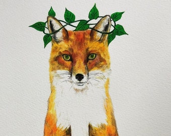 Magical Fox Art, Fox Lover Gift Print, Funny Fox Art, Fox and Plant Art,Funny Fox Drawing, Fox with Crown, Fine Art Animal Print