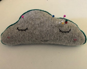 Sleepy grey cloud up-cycled wool pin cushion