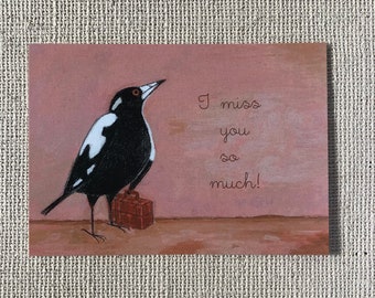 Miss you so much cute Australian travel magpie postcard