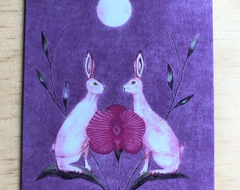 Rabbits with Moon Birthday card Spirit Animal Twin flames Soul mate Year of the rabbit