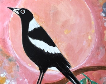 Australian Magpie Moon/ Australian Bird/ Pink Moon Art Print