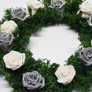 Christmas wreath with Sparkly Silver roses and White Glitter roses image 3