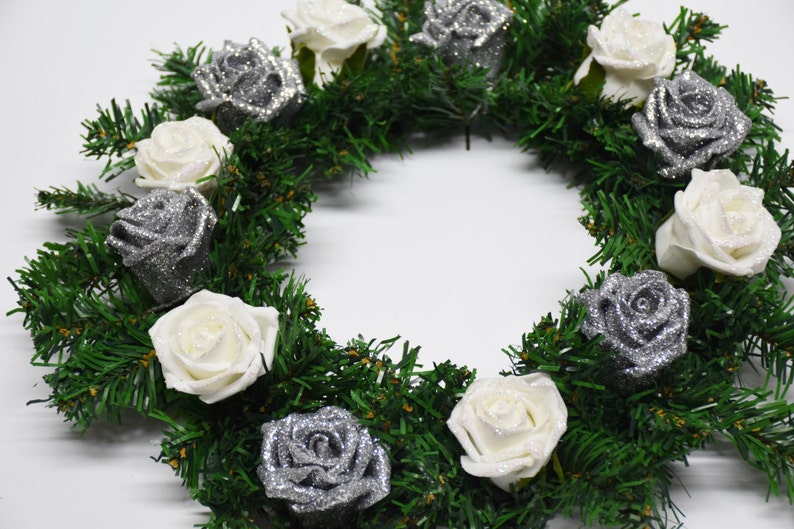 Christmas wreath with Sparkly Silver roses and White Glitter roses image 3