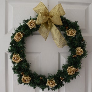 Christmas Wreath with Pearlised Gold roses, Gold berries and large gold ribbon bow image 1