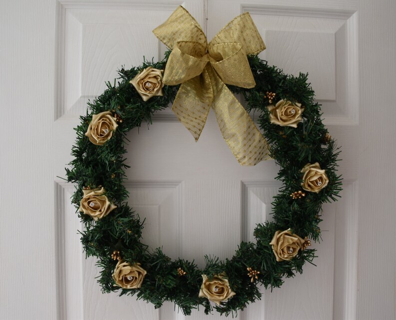 Christmas Wreath with Pearlised Gold roses, Gold berries and large gold ribbon bow image 1