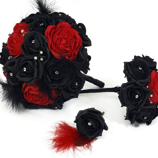 Beautiful Artificial Black & Red Foam Flower Wedding Bridal Bouquet Bundle with Diamante and feathers, for any themed occasion.