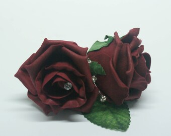 Double Cottage Rose Buttonholes with Daimante spray, perfect for all occasions - Burgundy