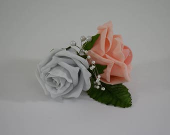 Peach and Silver Cottage Buttonhole with Pearl Spray - Wedding, Groom, Bestman