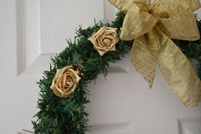 Christmas Wreath with Pearlised Gold roses, Gold berries and large gold ribbon bow image 4