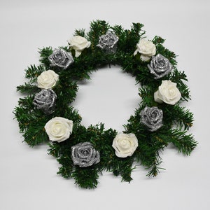 Christmas wreath with Sparkly Silver roses and White Glitter roses image 1