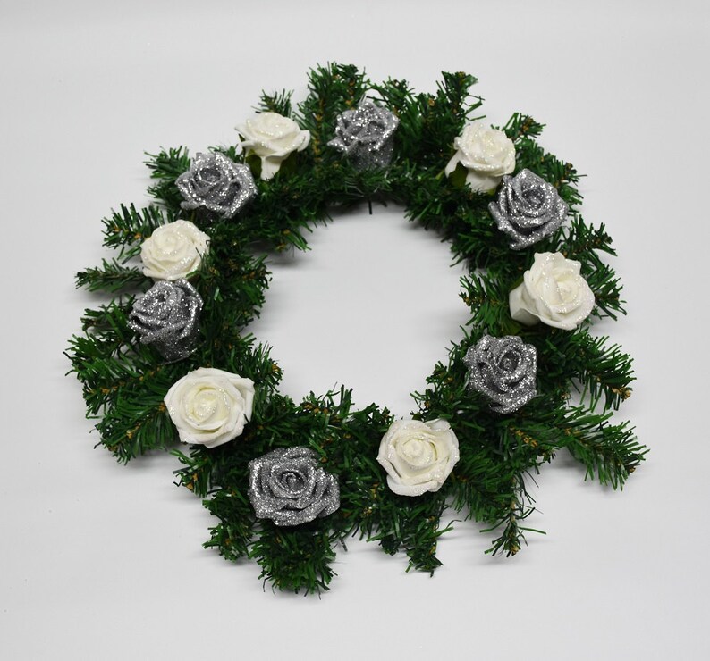 Christmas wreath with Sparkly Silver roses and White Glitter roses image 1