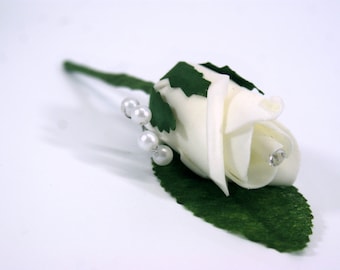 Ivory Rose Bud Buttonhole with Pearl Stem - Single, 5, 20, 50,100 Packs