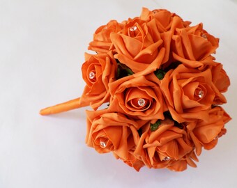 Wedding Bouquet in artificial Orange Roses with Diamante Pins.