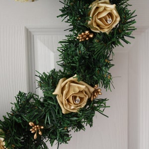 Christmas Wreath with Pearlised Gold roses, Gold berries and large gold ribbon bow image 3