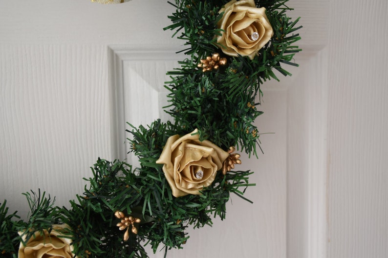 Christmas Wreath with Pearlised Gold roses, Gold berries and large gold ribbon bow image 3