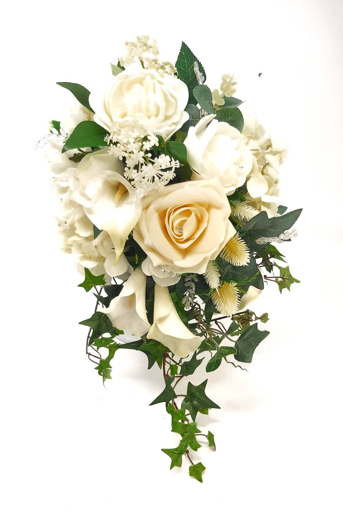 Shimmer-hj Stunning Vintage cream ivory teardrop bridal wedding bouquet with roses, lilies and greenery. Hand tied with ivory ribbon.