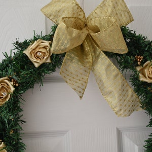 Christmas Wreath with Pearlised Gold roses, Gold berries and large gold ribbon bow image 2