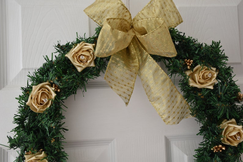 Christmas Wreath with Pearlised Gold roses, Gold berries and large gold ribbon bow image 2