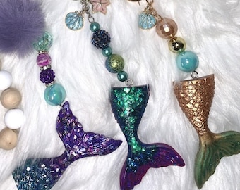 Mermaid Tail Resin and Beaded Keychain or Bag Charm, Zipper Pull