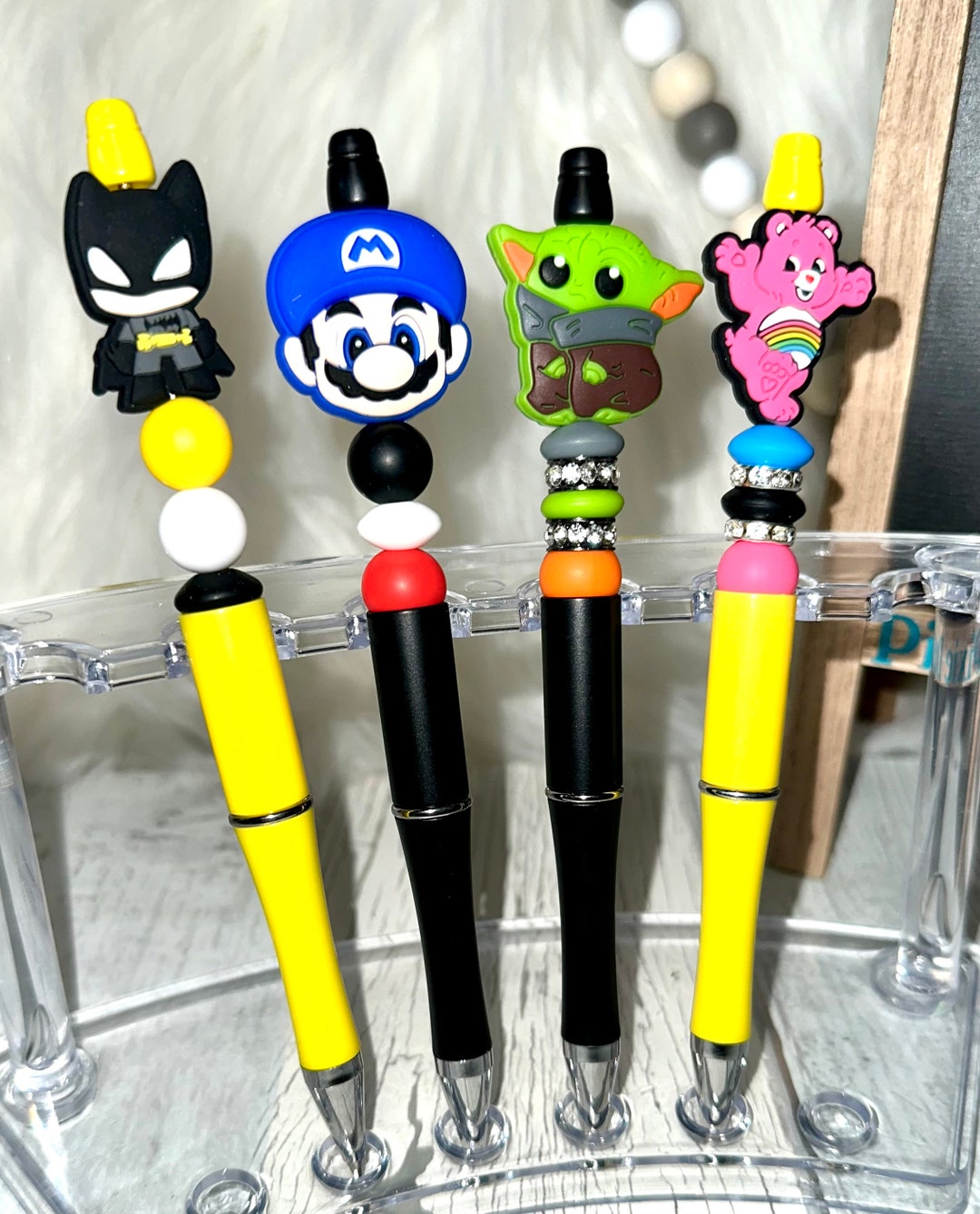 Character Beaded Ballpoint Ink Pens, Batman, Mario, Yoda, Care Bear