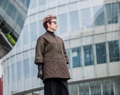 Spring Olive Loose Fitting Coat, Urban Over Size Jacket With High Collar, Winter Quilted Military Cardigan