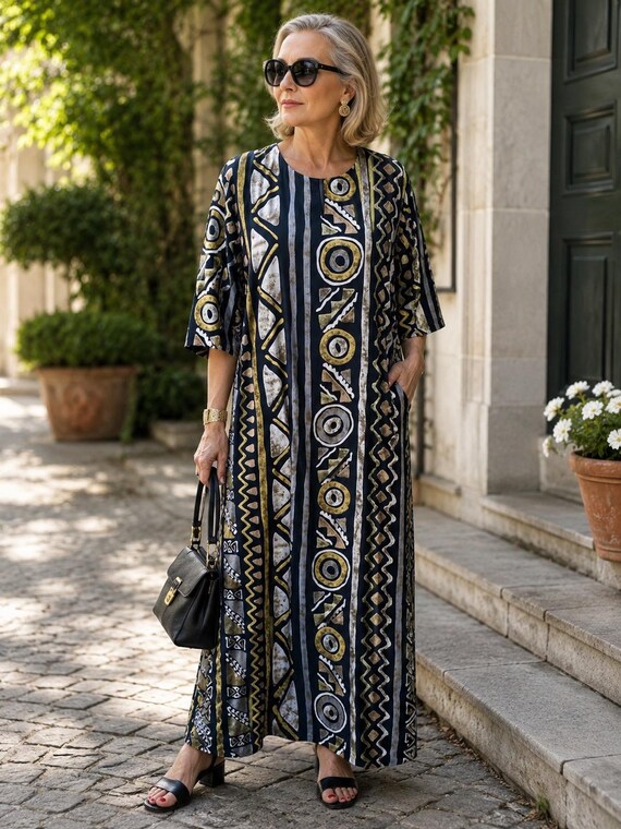boho tribal print dress Tunic , African Kaftan Dress, Floor Length Gown, Dress, Resort Wear, Pocket Dress, Maxi Apparel, Loose Fit Moonshine Plus Size】 Leaf Print Size:EU40-EU42/UK12-14/US8-10 Product Details One size