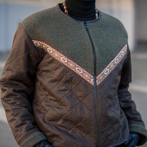 Olive bomber jacket, Green bomber with ribbon decoration and pockets in side seams