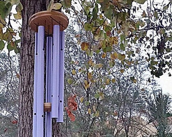 May include: A purple wind chime hanging from a tree branch. The chime has a wooden top and multiple tubes that are suspended from it. The tubes are all the same length and have a smooth, polished finish.