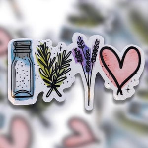 May include: A die-cut sticker featuring a sequence of four illustrations: a blue-tinted glass shaker, a green rosemary sprig, a purple lavender sprig, and a pink heart, all outlined in black with watercolor-style color splashes behind them.