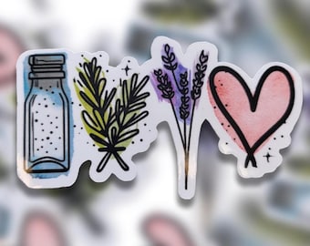 May include: A die-cut sticker featuring a sequence of four illustrations: a blue-tinted glass shaker, a green rosemary sprig, a purple lavender sprig, and a pink heart, all outlined in black with watercolour-style colour splashes behind them.