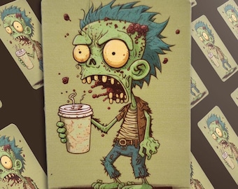 Op de afbeelding: Een cartoon illustratie van een groene zombie met een koffiekopje. De zombie heeft blauw haar, een bruine jas en een blauwe spijkerbroek. De achtergrond is lichtgroen, met meerdere kopieën van dezelfde afbeelding.