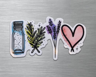 May include: A sticker with a jar, rosemary, lavender, and a pink heart design. The jar is blue and white, the rosemary is green, the lavender is purple, and the heart is pink with a black outline. The sticker has a white border.