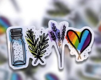 May include: A die-cut sticker featuring four distinct illustrations arranged horizontally: a glass salt shaker, a sprig of green rosemary, a stalk of purple lavender, and a heart filled with a vibrant rainbow gradient pattern.